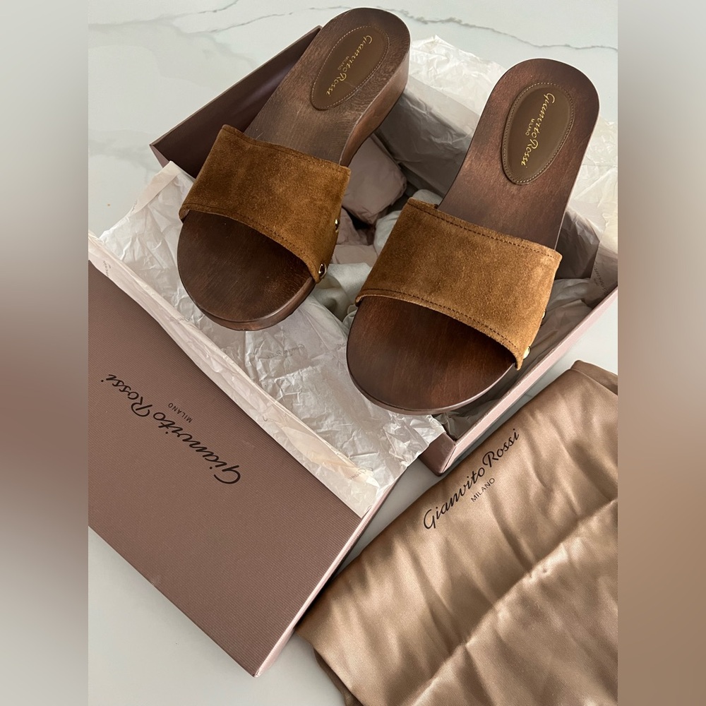 Gianvito Rossi Riviera Suede Slide Mules in Chestnut Brown, Size 37
